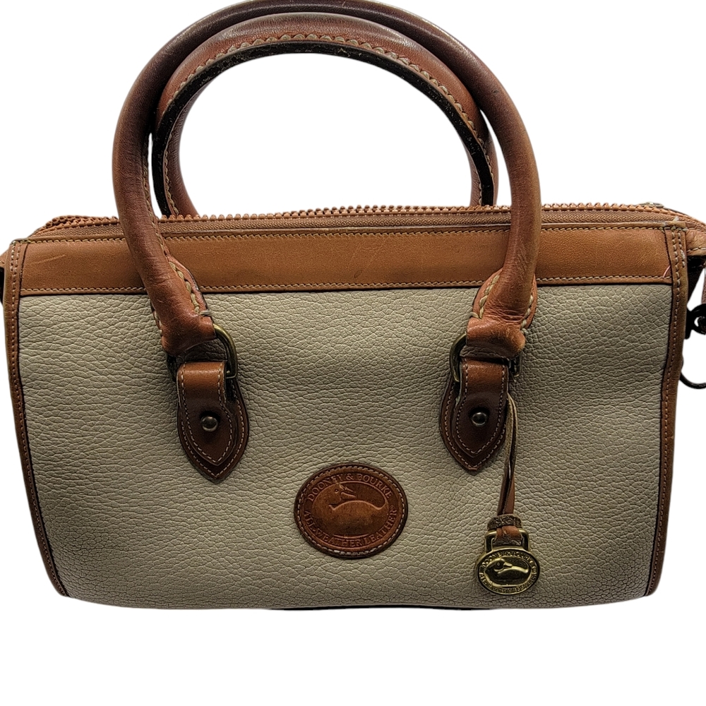 VTG Dooney & Bourke Two Tone Taupe Saddle Pebble Leather Doctor Satchel w/COA